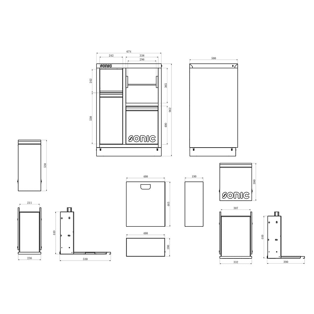 Sonic MSS 674mm Abfall Schrank und integrierter Papierrollenhalter (674x1002x500)