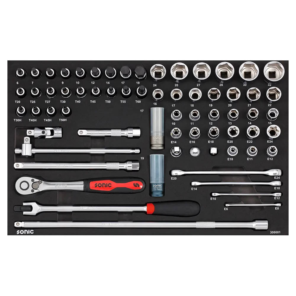 Sonic Schaumeinlage (SFS) 1/2 Nuss-, Bit- und Schlüssel-Satz mit Ratsche 66-teilig