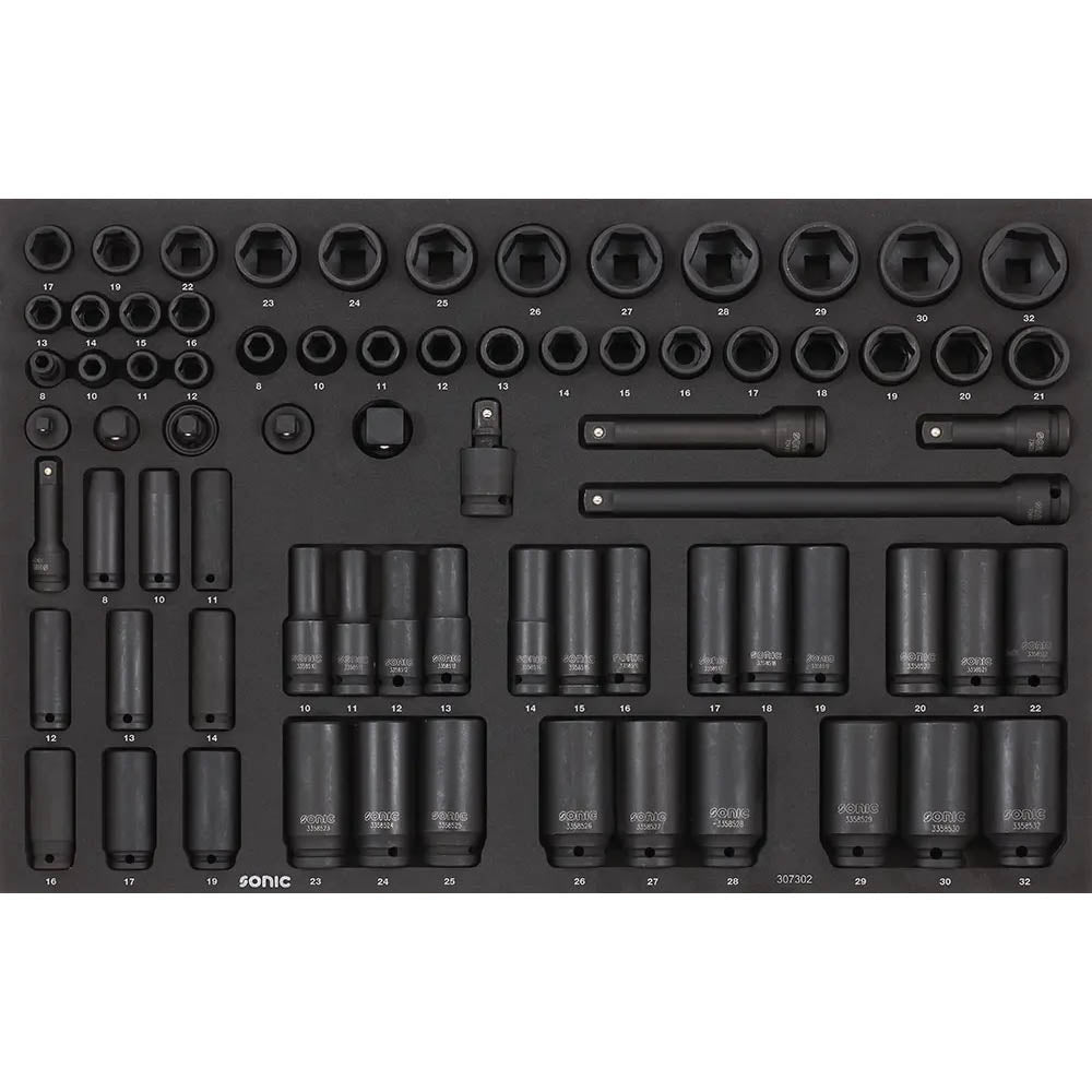 Sonic Schaumeinlage (SFS) 3/8 & 1/2 Schlagnuss-Satz, 6-kant 74-teilig