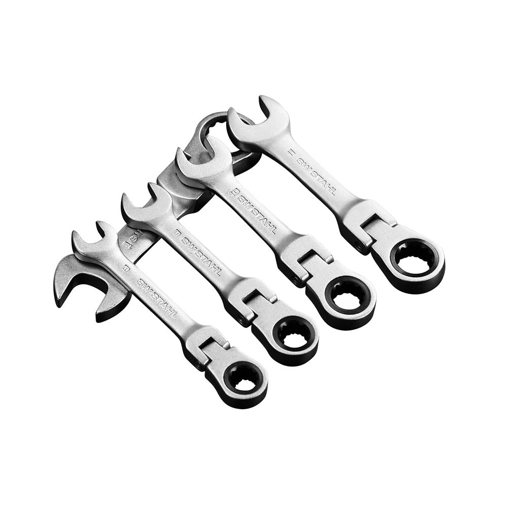 SW-Stahl Gabelringratschenschlüsselsatz mit Gelenk kurz 12-teilig (8 bis 19 mm)