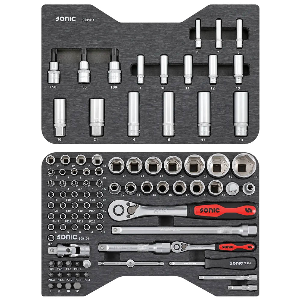 Sonic BMCS Blasformkoffer mit 1/4 & 1/2 Nuss- und Bit-Satz mit Ratsche, 91-teilig