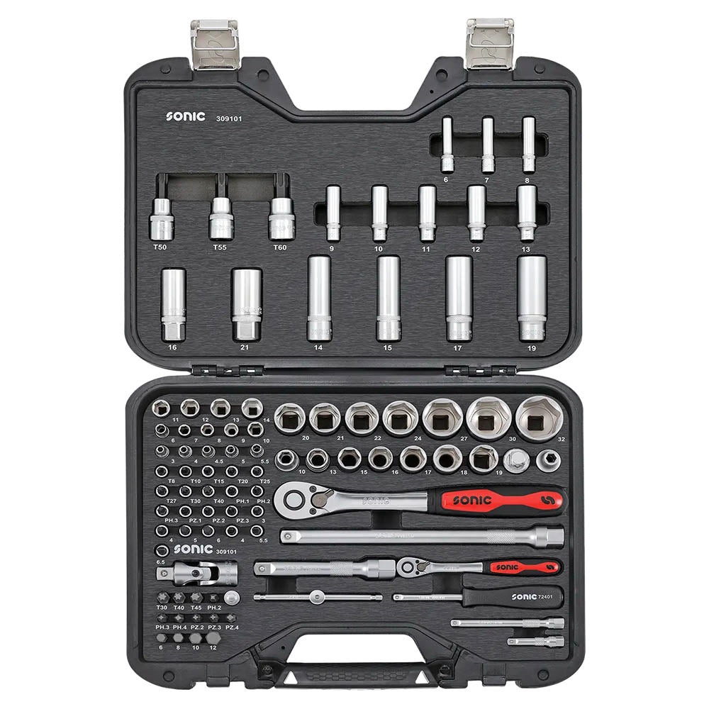 Sonic BMCS Blasformkoffer mit 1/4 & 1/2 Nuss- und Bit-Satz mit Ratsche, 91-teilig