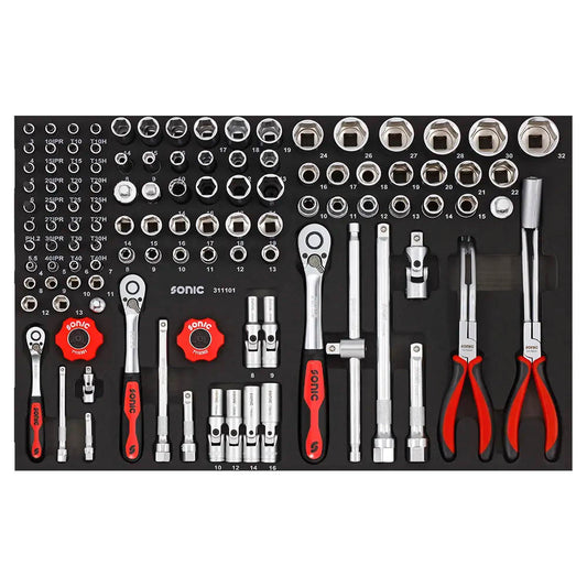 Sonic Schaumeinlage (SFS) 1/4'', 3/8'', 1/2'' Nuss- & Bit-Satz + Ratschen 111-teilig