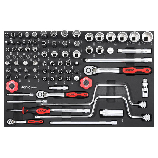 Sonic Schaumeinlage (SFS) 1/4'', 3/8'', 1/2'' Nuss- & Bit-Satz Ratschen 86-teilig