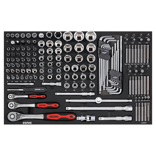 Sonic Schaumeinlage (SFS) 1/4'', 3/8'' & 1/2'' Nuss- & Bit-Satz Ratschen 160-teilig