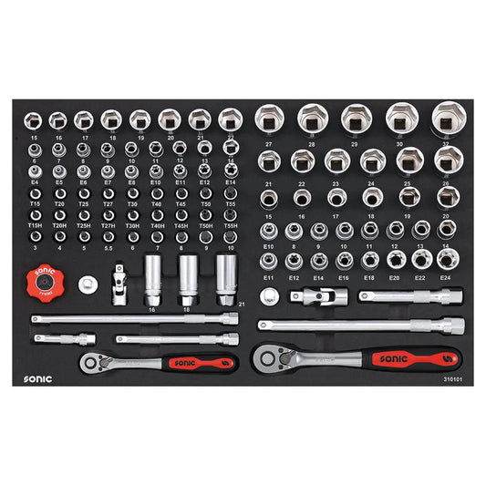 Sonic Schaumeinlage (SFS) 3/8'' & 1/2'' Nuss- und Bit-Satz mit Ratsche 101-teilig