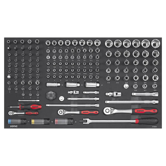 Sonic Schaumeinlage SFS Nuss- und Bit-Satz 1/4", 3/8" & 1/2", 156-teilig