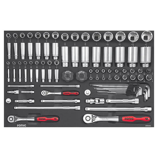 Sonic Schaumeinlage Nuss- und Bit-Satz 1/4'', 3/8'' & 1/2'', (SAE) 93-teilig SFS