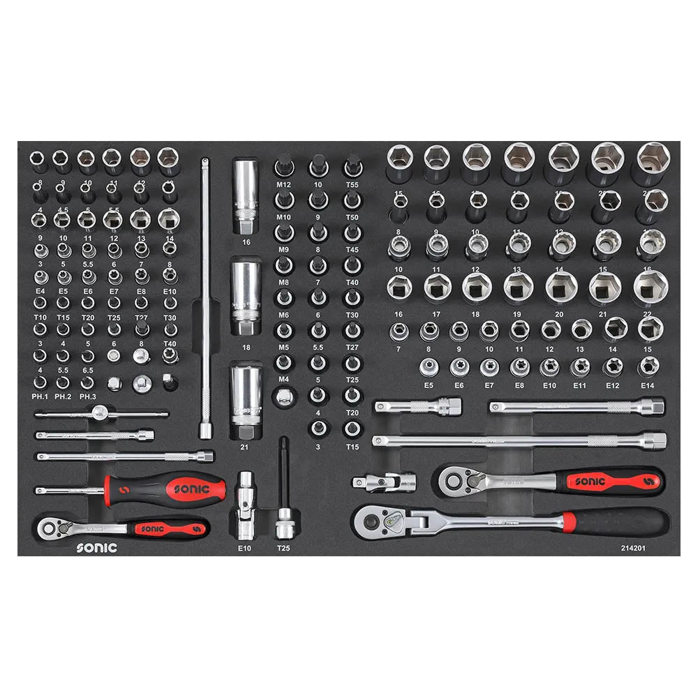 Sonic Schaumeinlage SFS 1/4'' & 3/8'' Nuss- und Bit-Satz mit Ratschen 142 tlg.