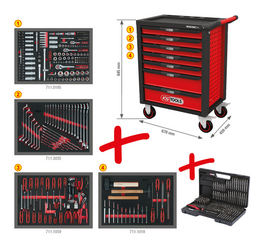 KS Tools RACINGline SCHWARZ/ROT Werkstattwagen mit 7 Schubladen und 515 Premium-Werkzeugen