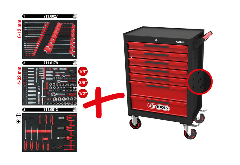 KS Tools ECOline SCHWARZ/ROT Werkstattwagen mit 7 Schubladen und 215 Premium-Werkzeugen