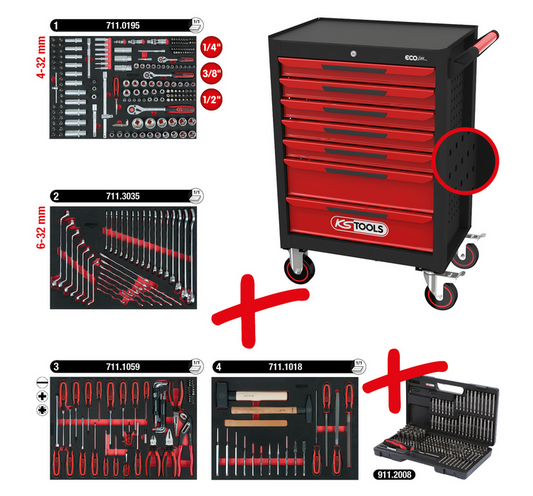 KS Tools ECOline SCHWARZ/ROT Werkstattwagen mit 7 Schubladen und 515 Premium-Werkzeugen