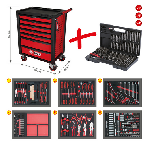 KS Tools RACINGline SCHWARZ/ROT Werkstattwagen mit 7 Schubladen und 598 Premium-Werkzeugen