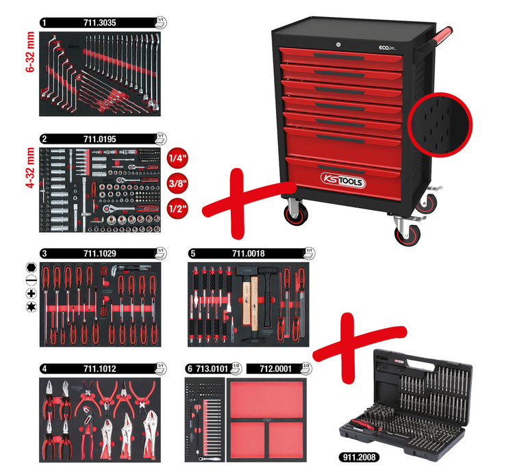 KS Tools ECOline SCHWARZ/ROT Werkstattwagen mit 7 Schubladen und 598 Premium-Werkzeugen