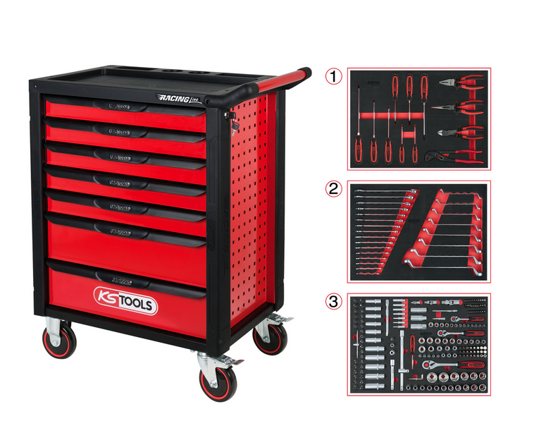 KS Tools RACINGline SCHWARZ/ROT Werkstattwagen mit 7 Schubladen und 215 Premium-Werkzeugen
