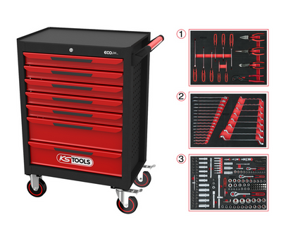 KS Tools ECOline SCHWARZ/ROT Werkstattwagen mit 7 Schubladen und 215 Premium-Werkzeugen