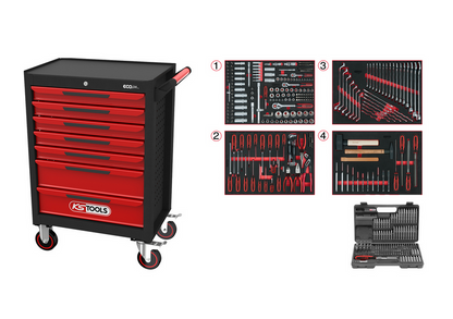 KS Tools ECOline SCHWARZ/ROT Werkstattwagen mit 7 Schubladen und 515 Premium-Werkzeugen