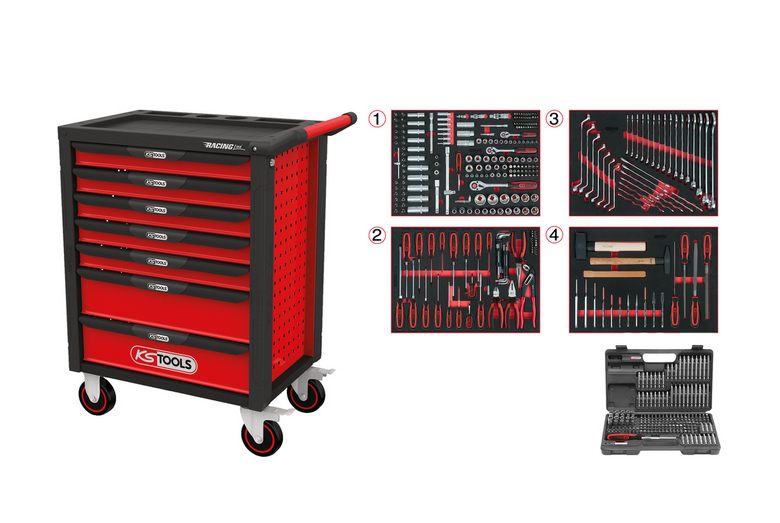 KS Tools RACINGline SCHWARZ/ROT Werkstattwagen mit 7 Schubladen und 515 Premium-Werkzeugen
