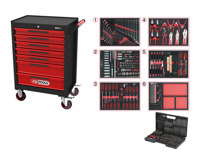KS Tools ECOline SCHWARZ/ROT Werkstattwagen mit 7 Schubladen und 598 Premium-Werkzeugen